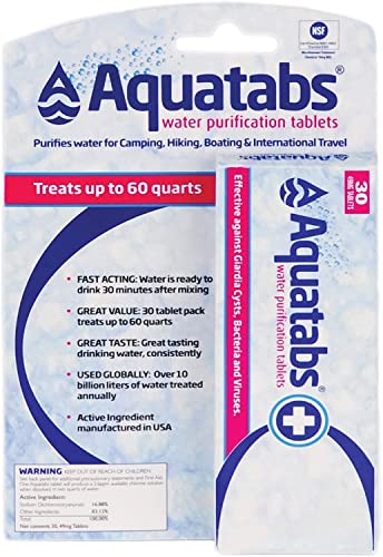 Aquatabs 49mg Water Purification Tablets (30 Pack). Water Filtration System for Hiking, Backpacking, Camping, Emergencies, Survival, and Home-Use. Easy to Use Water Treatment and Disinfection.